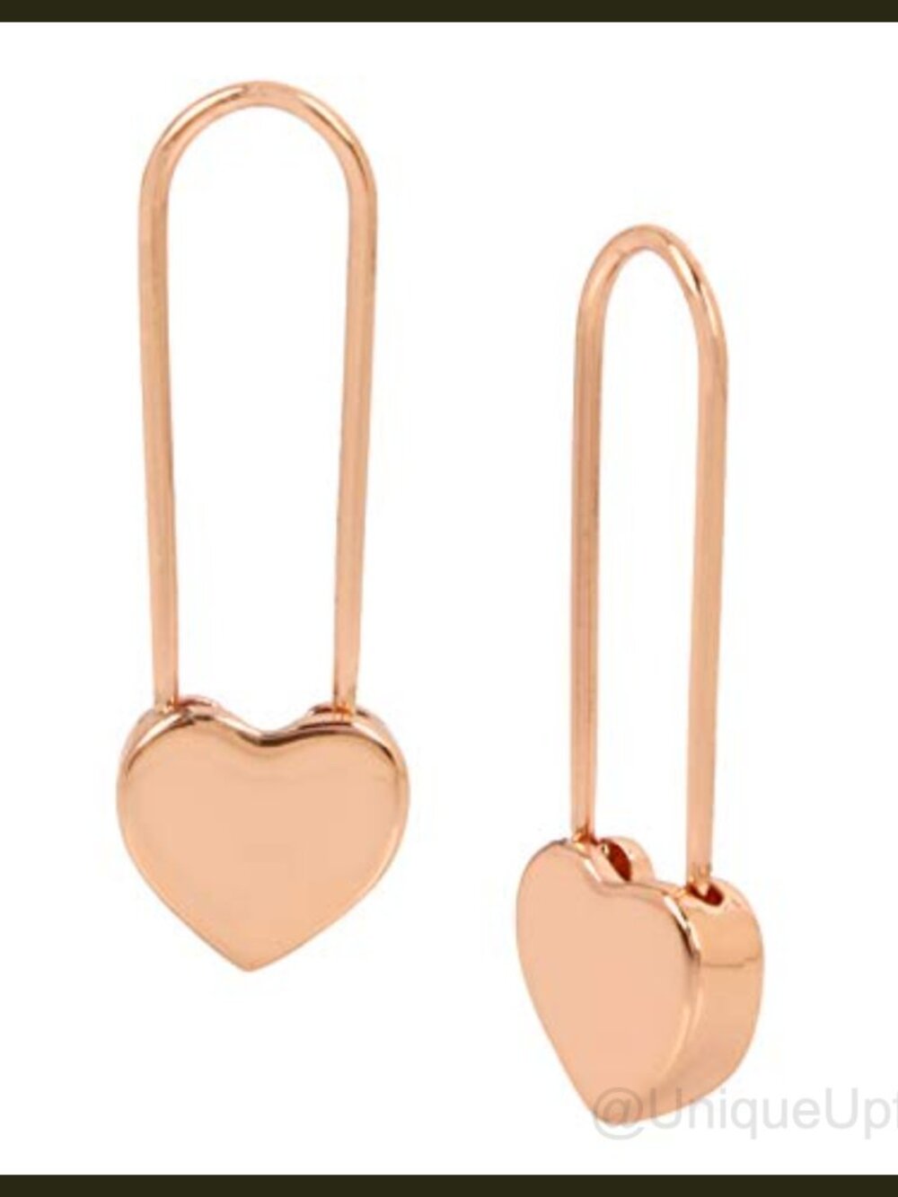 Rose Gold Tone Safety Pin Drop Dangle Earrings Heart Detail